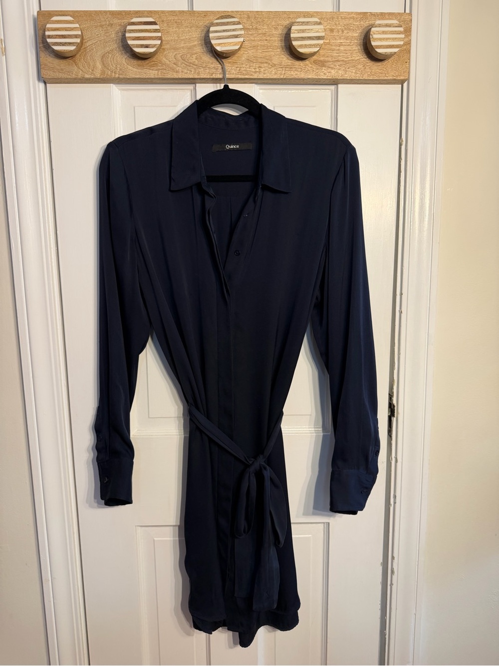 Quince Washable Stretch Silk Navy Belted Shirt Dress Size M